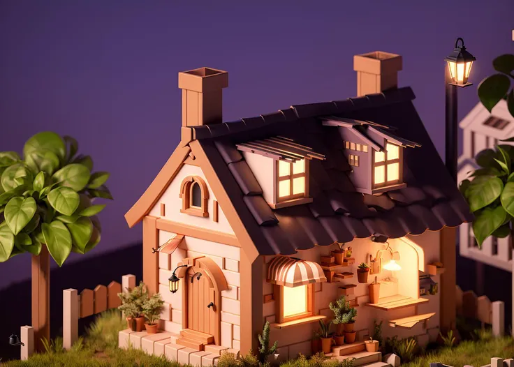 house,shop, two-storey house, yard, street lamp, fence,tree ,outdoors, <lora:Lovely house:0.8>