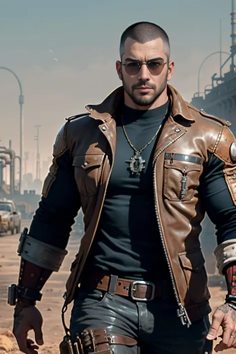 a male  in a wasteland  ,big muscle,big bulge, glasses,buzz cut,steampunk style,steampunk art, complex mechanical devices such as gears, pipes, valves,(huge Industrial architecture:1.4),grey theme,retrofuturism,Insane details , (Fujiflim XT3),20 megapixel, detailed, movie grain,
