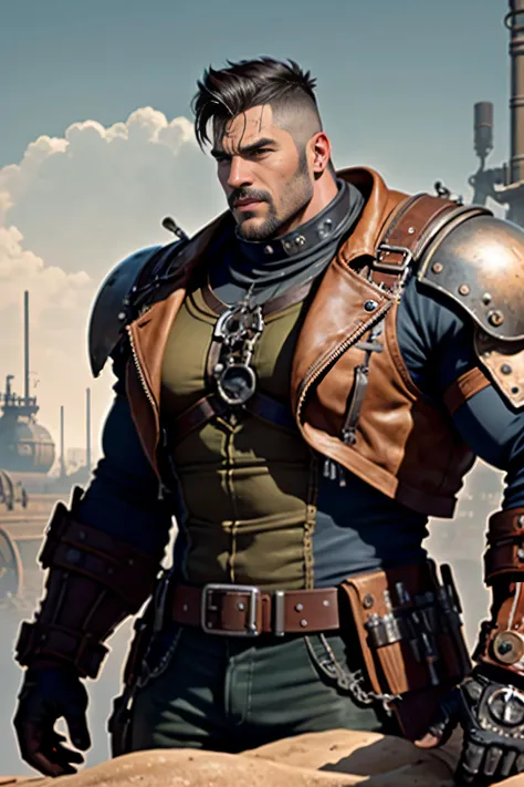 a male in a wasteland ,big muscle,big bulge, scar on face,steampunk style,steampunk art, complex mechanical devices such as gears, pipes, valves,(huge Industrial architecture:1.4),grey theme,retrofuturism,Insane details , (Fujiflim XT3),20 megapixel, detailed, movie grain,