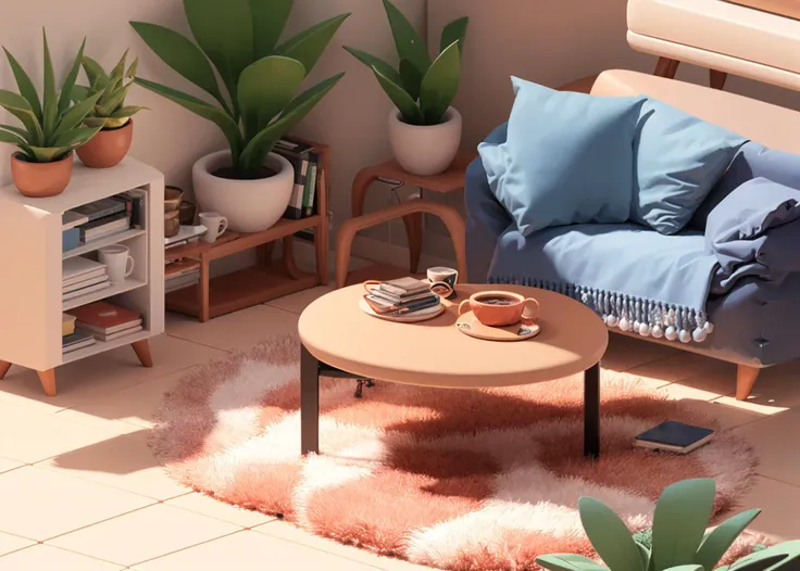 living room, sofas, blankets, coffee tables, potted plants <lora:Lovely house:1>