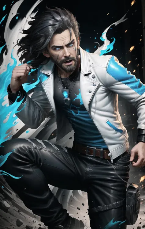 Action scene, 1Boy, Full Body, Punching, (White Leather Jacket:1.4), Blue Jeans Pants, Black Inner Shirt, Arcane Style, Borderlands style, Telltale Games style, Oil painting, Simple colors, low detail, Vivid colors, Defined lines, defined edges, Digital art, Cartoon look, Cartoon style, Sharp shadows, Dark, Intricate Detail, Dark Lighting, Rim Lighting, Low Key, Centre of Frame, Jumping, (Action Scene:1.4), Extremely Detailed Eyes, Screaming, Angry Eyes, Bloody Face, Wounds on face, blue Fire in Hands, Perfectly Drawn Eyes, Long Hair, Bokeh, (light Beard:1.1), (God of blue Fire:1.3), (locket:1.2),
<lora:epiNoiseoffset_v2:1.0>