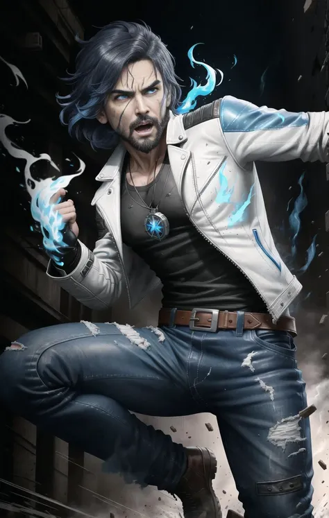 Action scene, 1Boy, Full Body, Punching, (White Leather Jacket:1.4), Blue Jeans Pants, Black Inner Shirt, Arcane Style, Borderlands style, Telltale Games style, Oil painting, Simple colors, low detail, Vivid colors, Defined lines, defined edges, Digital art, Cartoon look, Cartoon style, Sharp shadows, Dark, Intricate Detail, Dark Lighting, Rim Lighting, Low Key, Centre of Frame, Jumping, (Action Scene:1.4), Extremely Detailed Eyes, Screaming, Angry Eyes, Bloody Face, Wounds on face, blue Fire in Hands, Perfectly Drawn Eyes, Long Hair, Bokeh, (light Beard:1.1), (God of blue Fire:1.3), (locket:1.2),
<lora:epiNoiseoffset_v2:1.0>