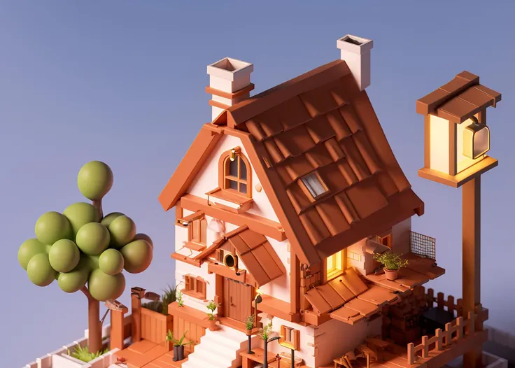 house,shop, two-storey house, yard, street lamp, fence,tree ,outdoors,  <lora:Lovely   house:0.8>