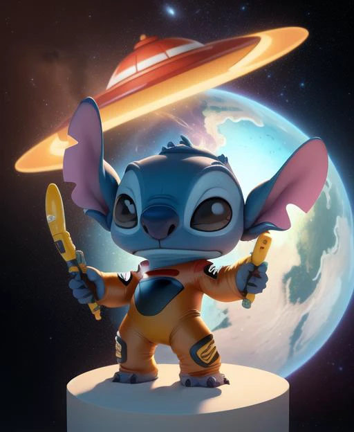 ((red spacesuit)) chibi, soft fur, ((anthro)), absurd res, ((detailed))claws, 4 fingers, pixar, stitchdisney, cute, teeth, ((solo)), (alien:1.3),high res, (detailed realistic image:1.4), (detailed eyes),high res, (detailed realistic image:1.4), (detailed eyes, beautiful expressive eyes, black eyes:1.2), soft colors <lora:Stitch:1>, anthro, fullbody, paws, claws, countershading, tail, fur detail, fullbody, digital art, holding object, plasma blaster (lilo and stitch), space, vibrant art, vibrant background, space ship, figurine, big head