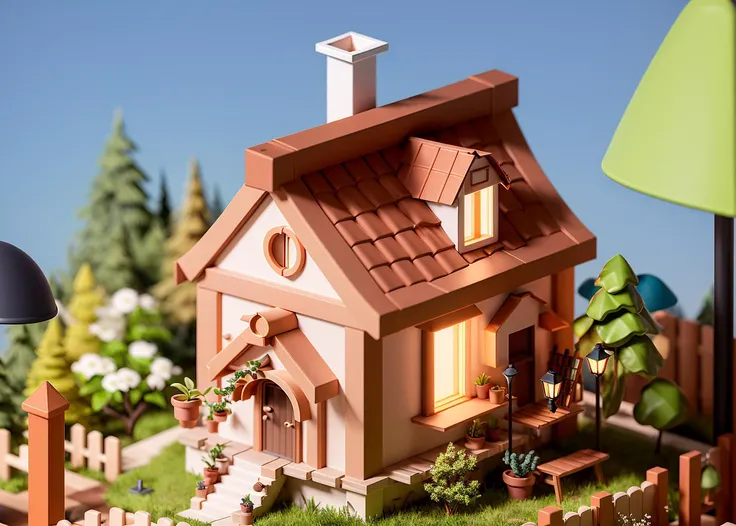 house,shop, two-storey house, yard, street lamp, fence,tree ,outdoors,  <lora:Lovely   house:0.8>
