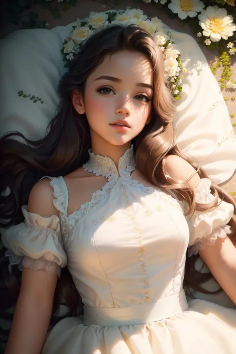 ((Best quality)), ((masterpiece)), ((realistic)), (1 girl: 1.5), A girl in a stunning princess dress laying on the ground, in the style of artgerm, clean background, contemporary, ultrafine detail, shiny, flowers and shapes, i can't believe how beautiful this is, barbiecore