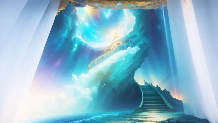 ((best quality)), ((masterpiece)), Wonderful, Beautiful, Shiny, Glory of God, Super Detailed, a stairway leading to the sky with clouds and sun , (detailed), oil painting, (nebula under the sea:1.3), (galactic:1.2), celestial, ocean, (incredibly detailed:1.1), (complex details:1.2), (Studio Ghibli influence:1.1), mosaic, (photorealistic:1.2), volumetric lighting, (ray tracing:1.1), well lit, (octane render:1.1), (Art Nouveau style:1.2), Raw, Ultra Quality, A Stairway to Heaven, Inside a Tunnel of Light, in the background with a bright light coming from the top, Andries Stock, sky, a picture, rayonism