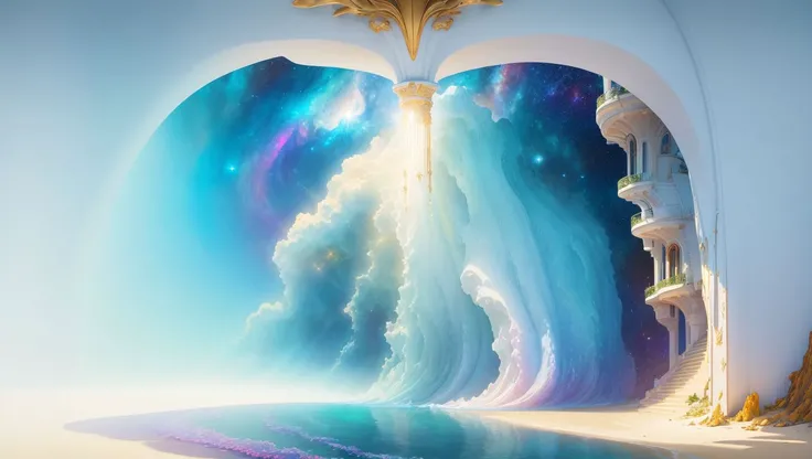 ((best quality)), ((masterpiece)), Wonderful, Beautiful, Shiny, Glory of God, Super Detailed, a stairway leading to the sky with clouds and sun , (detailed), oil painting, (nebula under the sea:1.3), (galactic:1.2), celestial, ocean, (incredibly detailed:1.1), (complex details:1.2), (Studio Ghibli influence:1.1), mosaic, (photorealistic:1.2), volumetric lighting, (ray tracing:1.1), well lit, (octane render:1.1), (Art Nouveau style:1.2), Raw, Ultra Quality, A Stairway to Heaven, Inside a Tunnel of Light, in the background with a bright light coming from the top, Andries Stock, sky, a picture, rayonism
