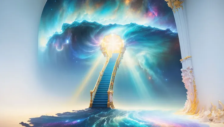 ((best quality)), ((masterpiece)), Wonderful, Beautiful, Shiny, Glory of God, Super Detailed, a stairway leading to the sky with clouds and sun , (detailed), oil painting, (nebula under the sea:1.3), (galactic:1.2), celestial, ocean, (incredibly detailed:1.1), (complex details:1.2), (Studio Ghibli influence:1.1), mosaic, (photorealistic:1.2), volumetric lighting, (ray tracing:1.1), well lit, (octane render:1.1), (Art Nouveau style:1.2), Raw, Ultra Quality, A Stairway to Heaven, Inside a Tunnel of Light, in the background with a bright light coming from the top, Andries Stock, sky, a picture, rayonism