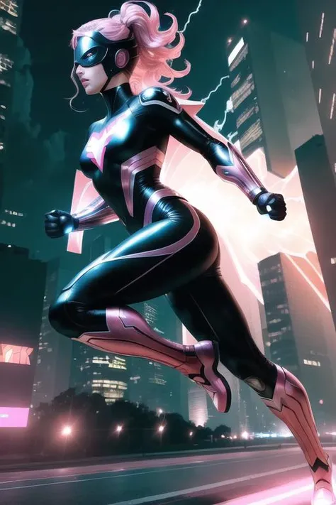 ((Best quality)), ((masterpiece)), ((realistic)), ((superhero)), running through a city on an alien world with a pink sky and neon lights, wearing a black and white spandex suit with a lightning bolt emblem, moving at incredible speeds, full body, scenic, highly detailed photo.