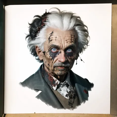 (Realistic:1.5) Best quality, masterpiece, ultra high res, Portrait photo of the albert einstein in white puffer jacket, with rotting flesh, exposed bones, and tattered remnants of her iconic costume. Her eyes glow with an otherworldly, haunting light, and her expression is a mix of ferocity and hunger. Despite her grotesque appearance, there is an undeniable allure to him as heexudes a dark and menacing presence. The attention to detail in the decayed flesh, the exposed bones, and the tattered costume is astonishing, creating a realistic and chilling portrayal of a zombified Albert Einstein. On eye level, scenic, masterpiece. <lora:zombie_v10:1>