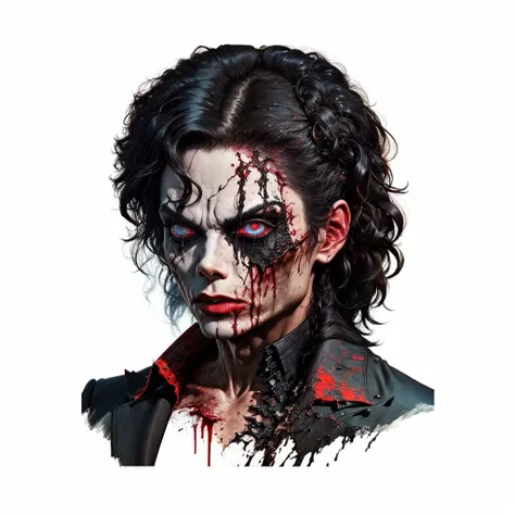 (Realistic:1.5) Best quality, masterpiece, ultra high res, Portrait photo of Michael Jackson with rotting flesh, exposed bones, and tattered remnants of his iconic costume. His eyes glow with an otherworldly, haunting light, and her expression is a mix of ferocity and hunger. Despite her grotesque appearance, there is an undeniable allure to him as he exudes a dark and menacing presence. The attention to detail in the decayed flesh, the exposed bones, and the tattered costume is astonishing, creating a realistic and chilling portrayal of a zombified Michael Jackson. On eye level, scenic, masterpiece. <lora:zombie_v10:1>, (Michael Jackson :1)