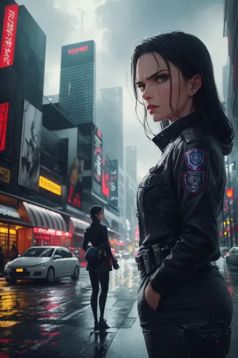 masterpiece, best quality, {ultra-detailed illustration of a (girl in a police uniform at city street)}, solo, black hair, age 35, wet hair, wet face, night, looking at viewer, futuristic police car, megapolis, rain, cyberpank, neon light, road, skyscrapers,(<lora:iyanakao_v01:1>, iyanakao, expressions, dislike, hate:1.3), crowd, pedestrians, scenery, 140mm, composition, scale, foreground, middle ground, background, perspective, masterpiece quality, insane detail
