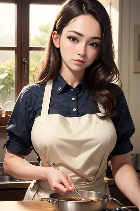 1girl, (masterpiece), (best quality), high quality, highres, (row photo), (realistic, photorealistic:1.3), extremely detailed, detailed skin, beautiful detailed face, beautiful detailed eyes, perfect body, upper body, kpop idol, Women in their early 20s, upper body,  huge breasts, Cooking, a thin Transparent apron without underwear, On the first night of the wedding, I'm taking o,where the string falls off and flows down,<lora:femaleNobleClassHanbok_v10:0.6>.
