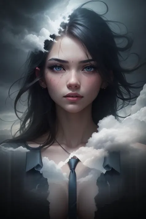 very pretty girl immersed in a giant flow of wind, living in a thunder cloud, movie poster, behind the cloud, languid sexy look, (double exposure:1.3), mist, surreal dream, gray atmosphere, rainy day, dynamic, lut, hdr