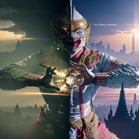 Masterpiece, highly detail , ,(khonhnm titan , FANG , ROBOT, Pink  Armor, Mobilesui) , (Carbon fiber,Titanium:1.2) :1.3) ,(Giant Invade megaCity,Mist,View from above,Giga monster size,Coverart,Lighting,Epic Battle,:1.3) , (extremely detail CG unity 8k wallpaper:1.1)(masterpiece),(best quality:1.1), ((realistic)) ,style of master anime, perfect perspective , intricate detail,  , 1man 
join hands  pose  , , thunder eye
, thunder around    , <lora:thaiKhonHanuman_v10:1> laser beam from chest , UFO , from  above view ,(( perfect fingers)) ,