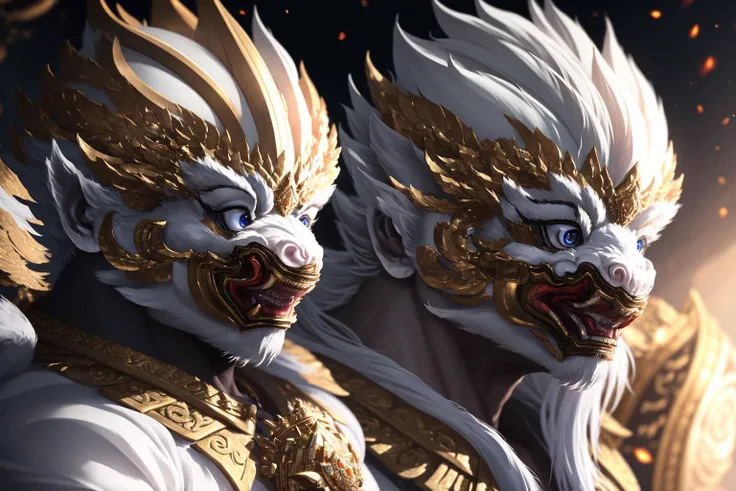 <lora:black_myth_wukong_v1:0.7> wukong \(black myth\), solo, male focus, detailed eyes, shaded face, fur chest, armor, white clothes, pauldrons, unreal engine, 8k, super detail, <lora:thaiKhonHanuman_v10 (1):1>