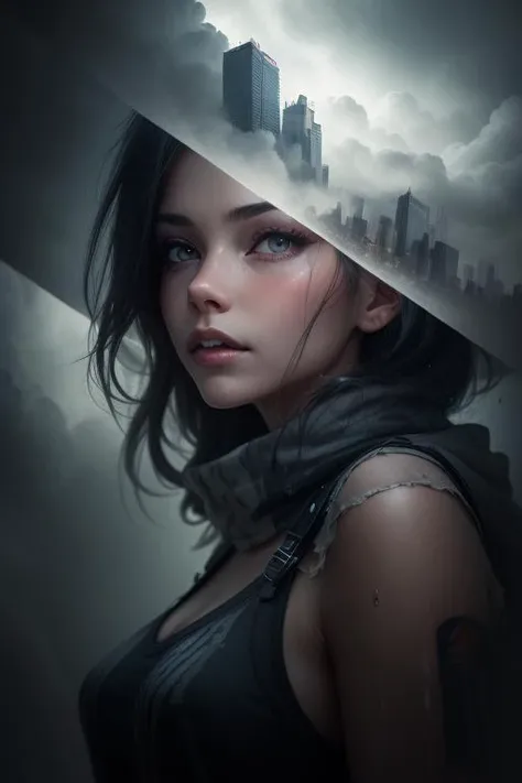 [mist city in the distance | very pretty girl:0.8] immersed in a giant flow of wind, living in a thunder cloud, movie poster, behind the cloud, languid sexy look, (double exposure:1.3), mist, surreal dream, gray atmosphere, rainy day, 120 mm f/1.8, dynamic, lut, hdr