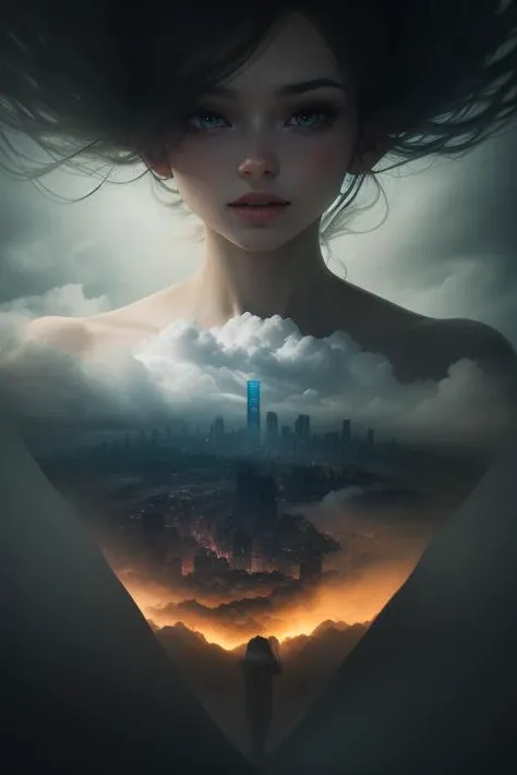 [foggy cityscape in the distance : very pretty girl:0.5] immersed in a giant flow of wind, living in a thunder cloud, behind the cloud, (double exposure:1.3), mist, surreal dream, gray atmosphere, rainy day, dynamic, lut, hdr