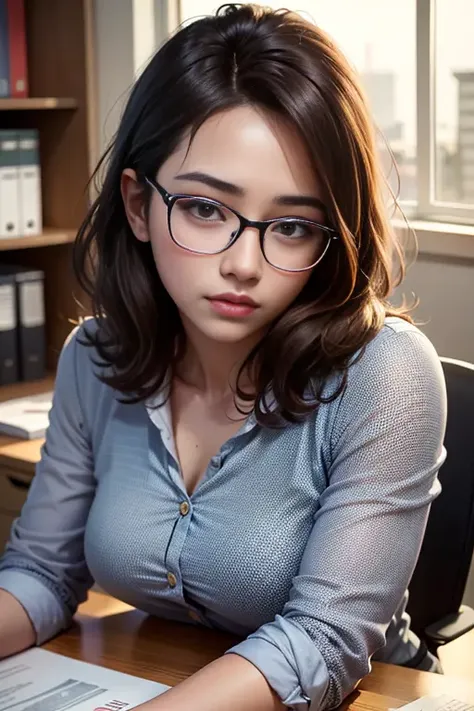 (realistic, photo-realistic:1.37),(8k, RAW photo, best quality, masterpiece:1.2), (textured skin,realistic skin texture:1.3),(small chest:0.8),(korean beauty, korean woman:1.3), (asian eyes), (thin face:1,3), sun light, cinematic lighting, film scene, dim lighting, 8k uhd, dslr, soft lighting, high quality, film grain, high detailed skin, skin pores, Fujifilm XT3,ray tracing,cute,ultra-detailed,physically-based rendering, ultra high res, photorealistic,realistic, solo, best quality,extremely detailed face,extremely detailed eyes and face, beautiful detailed eyes, incredibly absurdres, (Messy hair), (floating hair),(brown hair:1.3), (in the office, desk:1.4), (Looking at Viewer:1.3), (Fully Clothed:1.3), horn-rimmed glasses