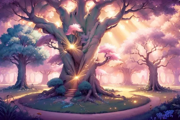 <lora:fairytaleai_v10:.75>( tree of life) light , happy sunny