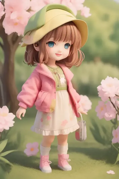 (masterpiece),(best quality),(ultra-detailed), (full body:1.2), 1girl,chibi,cute, smile, open mouth, flower, outdoors, JK skirt,playing guitar, music, beret, holding guitar, jacket, blush, tree, :3, shirt, short hair, cherry blossoms, green headwear, blurry, brown hair, blush stickers, long sleeves, bangs, headphones, black hair, pink flower, (beautiful detailed face), (beautiful detailed eyes), <lora:blindbox_v1_mix:1>,