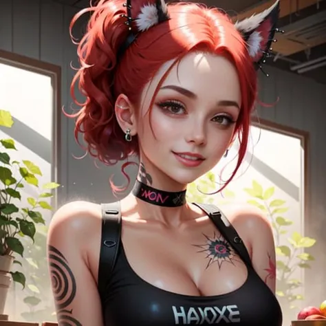 a girl with pink/crimson hair, dark red eyes, smile(teeth), shirtoff, piercings, tattoo, shiny eyes, glowing eyes, character portrait, bare shoulders, crop top, mask in hair, choker, red color palette background small details, ultra detailed, best quality, ,masterpiece, (volumetric lighting, bright),novelai, oil painting, 4k wallpaper, aesthetic, masterpiece, award-winning photography, macro photography vivid colors, photorealistic, atmospheric, cinematic, moody, rule of thirds, majestic, detailed, perfect anatomy <lora:shirtliftALORAFor_shirtliftv1:0.6>