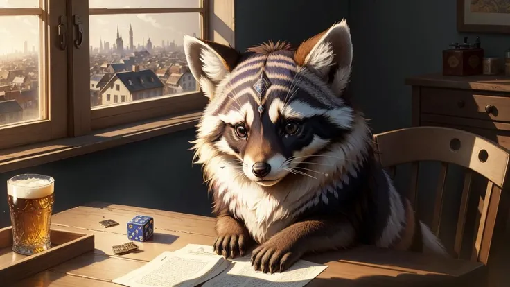 ((best quality)), ((masterpiece)), (detailed), beautiful face,
intricate detailing, (extremely high details:1.3), (8k resolution:1.2),
beautiful artwork illustration, (8k resolution:1.2),
a lonely and sad raccoon sits at a table with a glass of beer and a bottle of whiskey and plays magic cards,
sad face, crying, tears, ears down, mournful look, wet eyes,
empty room,
wide angle camera, perspective, full body, city, town, messy room, game dice,