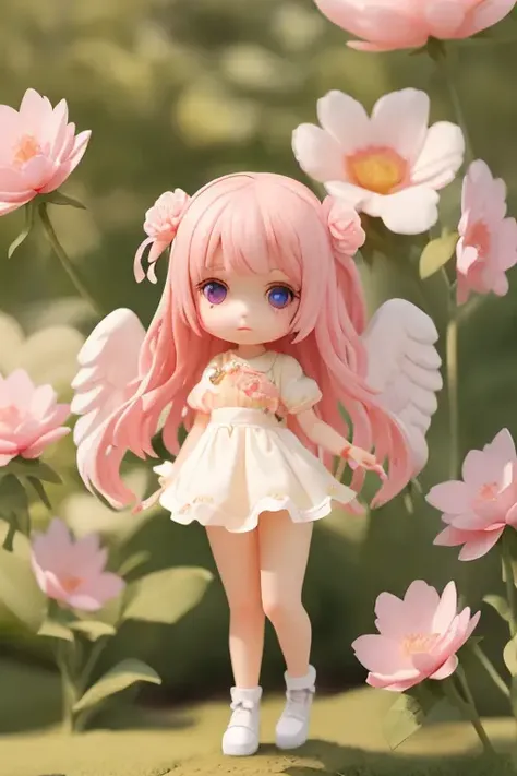 (masterpiece),(best quality),(ultra-detailed), (full body:1.2), 1girl, chibi, cute, flower, outdoors, tree, :3, shirt, pink flower, (beautiful detailed face), (beautiful detailed eyes), angel wings,