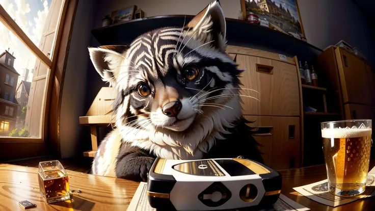 ((best quality)), ((masterpiece)), (detailed), beautiful face,
intricate detailing, (extremely high details:1.3), (8k resolution:1.2),
beautiful artwork illustration, (8k resolution:1.2),
a lonely and sad raccoon sits at a table with a glass of beer and a bottle of whiskey and plays magic cards,
sad face, crying, tears, ears down, mournful look, wet eyes,
empty room,
wide angle camera, perspective, full body, city, town, messy room, game dice,