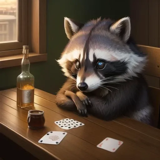 a lonely and sad raccoon sits at a table with a glass of beer and a bottle of whiskey and plays cards