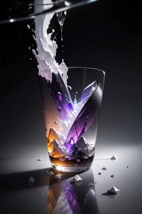 ancient knowledge, pronounced feminine organic glass morphism structure, plastic, going through time and space, ether flow in a shattered titanic structure, frosted glass behance design, subsurface scattering of diffused light, jewelry macro shot, fluid marbling, (stratal incisions:1.1), dynamic, diagonal, tilted, complex composition, bright vivid color accent, slate gray atmosphere, hdr, dramatic light, cinematic