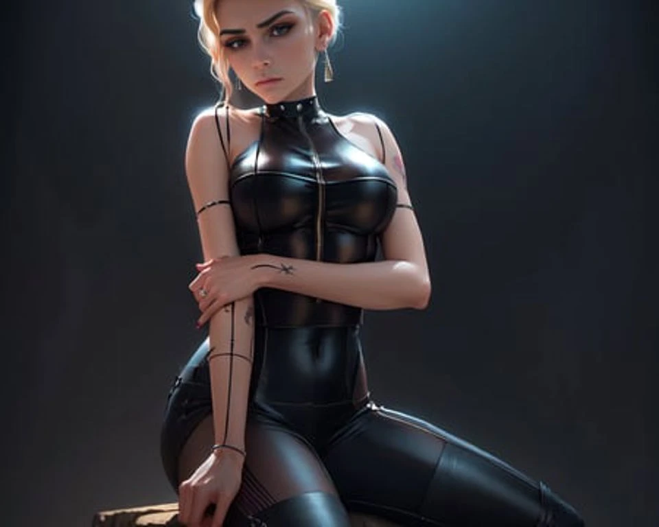 (shibari, arms behind back:1.4), (hands behind back), (masterpiece, best quality) 1.5, 1girl, solo, (sexy, beautiful woman, perfect face, perfect eyes), samus aran, black leather dress, kneeling, full body, (blue eyes, blonde hair, ponytail), (shibari, arms behind back:1.4), (hands behind back) --auto
