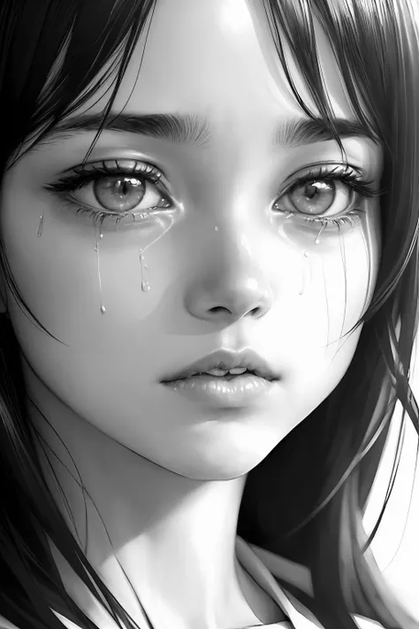 ((Best quality)), ((masterpiece)), ((realistic)), (1 girl: 1.5), The comic image of a girl with a crying face, colored manga style, ultra detailed, Nisio Isin, Krenz Cushart, sharp colors, hazy, close - up intensity, hurufiyya, monochromatic intensity, (black and white:1.3), eiichiro oda, clean face,