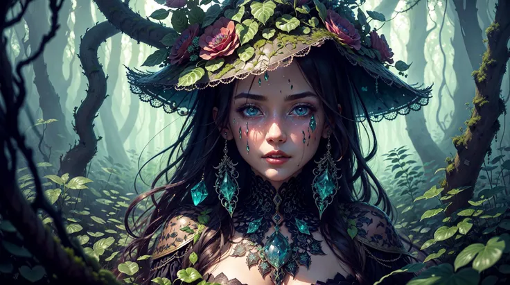 Rosen maiden, (masterpiece, best quality), (illustration),strange mycosis lush forest, transparent goo, caustics, crystals, close-up, intricate details, dark background, sparkling spores, rainbow crystals, dark