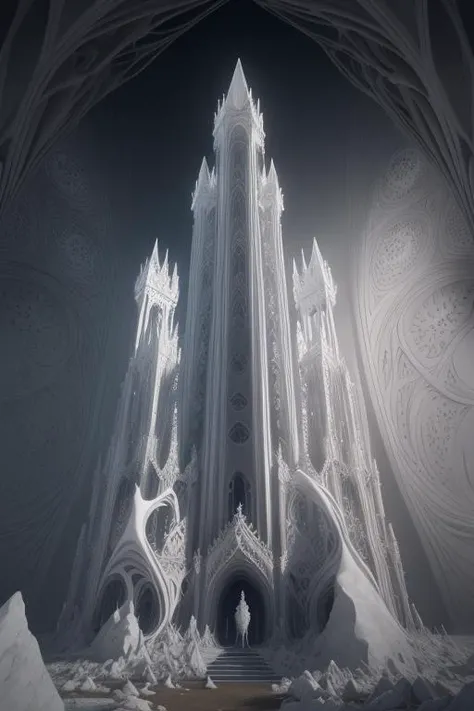 visual spectral radio wave signals emission fused with organic form structure, subsonic spectrum, gray clay cluster, Fibonacci fractal, geometric design, very fine and thin lace, Orenburg shawl, marble purgatory, wuthering atmosphere, aesthetic redshift render, white lotr castle on the cliff