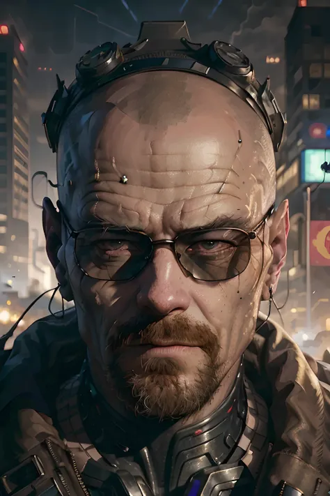man, cyberpunk city background, close up portrait, detailed, shadows, 8k resolution, realism,  <lora:walterWhite:0.8>