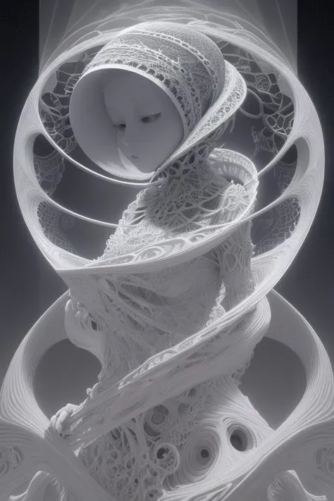 visual spectral radio wave signals emission fused with organic form structure, subsonic spectrum, gray clay cluster, Fibonacci fractal, geometric design, very fine and thin lace, Orenburg shawl, marble purgatory, wuthering atmosphere, aesthetic redshift render