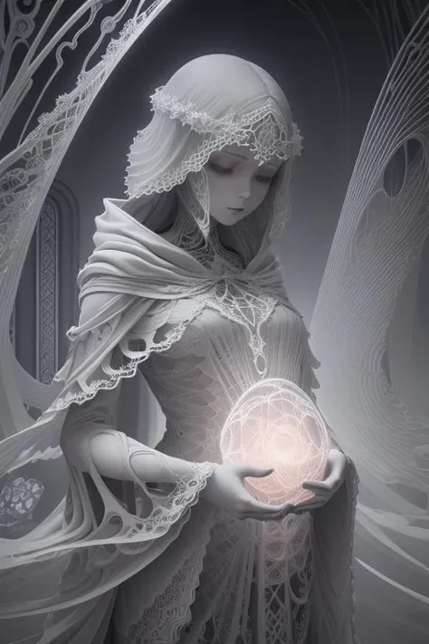 visual spectral radio wave signals emission fused with organic form structure, subsonic spectrum, gray clay cluster, Fibonacci fractal, geometric design, very fine and thin lace, Orenburg shawl, marble purgatory, wuthering atmosphere, aesthetic redshift render