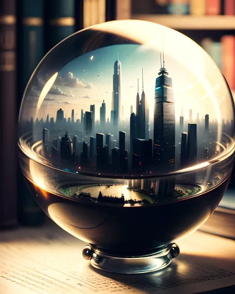 mini\(ttp\), (8k, RAW photo, best quality, masterpiece:1.2), ((miniature futuristic city skyline in a glass bowl sitting on old books)), out of focus book case, <lora:miniatureWorldStyle_v10:0.8>