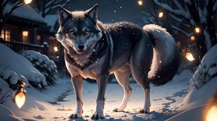 (masterpiece, best quality), (illustration),perfect illumination,best shadow,hires detailed, Seductive, night, wite wolf, portrait, bokeh, angry, fireflies, standing, grin, snow, look at viewer, full body