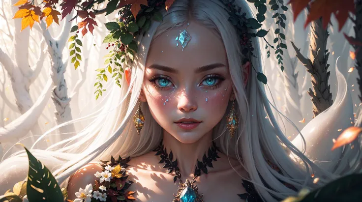 (masterpiece, best quality), (illustration),strange mycosis lush forest, transparent goo, caustics, crystals, close-up, intricate details, dark background, sparkling spores, rainbow crystals, dark, bokeh, light reflection,bokeh, cinematic shot, ultra realistic, (autumn time:1.06), concept art, (white:1.5), siberian girl