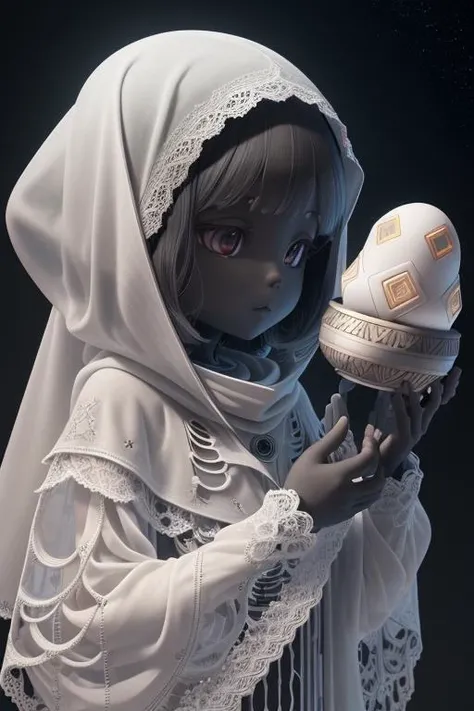 visual spectral radio wave signals emission fused with organic form structure, subsonic spectrum, gray clay cluster, Fibonacci fractal, geometric design, very fine and thin lace, Orenburg shawl, marble purgatory, wuthering atmosphere, aesthetic redshift render, chibi astronaut with Karavai bread in hands