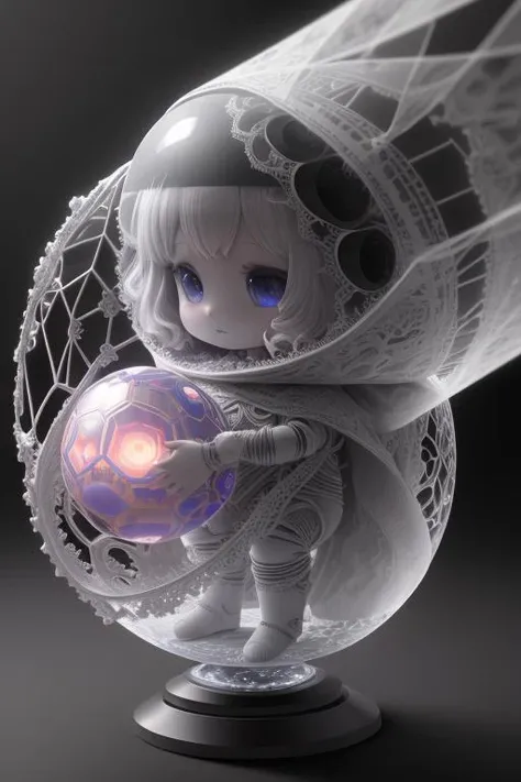 visual spectral radio wave signals emission fused with organic form structure, subsonic spectrum, gray clay cluster, Fibonacci fractal, geometric design, very fine and thin lace, Orenburg shawl, marble purgatory, wuthering atmosphere, aesthetic redshift render, cute chibi astronaut in a Faberge egg