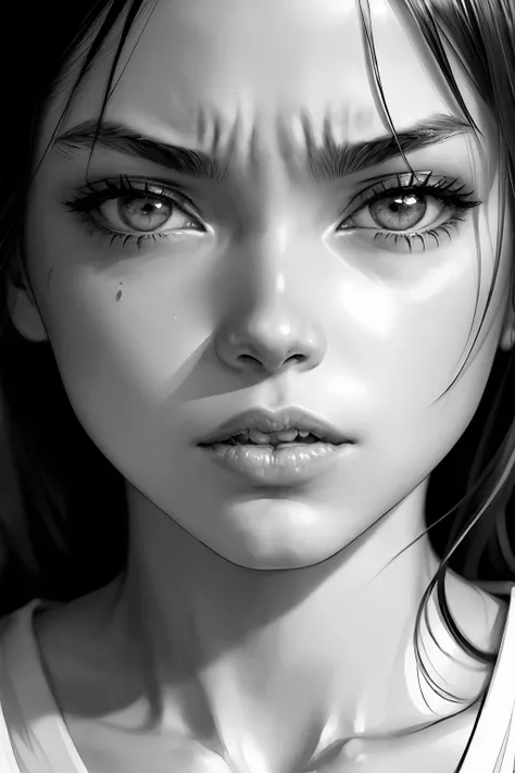 ((Best quality)), ((masterpiece)), ((realistic)), (1 girl: 1.5), The comic image of a girl with a (very aggressive face:1.2), colored manga style, ultra detailed, Nisio Isin, Krenz Cushart, sharp colors, hazy, close - up intensity, hurufiyya, monochromatic intensity, (black and white:1.3), eiichiro oda, clean face,