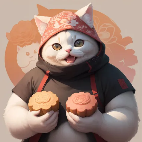 (masterpiece),(best quality),(ultra-detailed), digital painting, illustration, ((portrait)), pastel colours, bloom,
(no humans), (simple background:1.4), (clean background:1.4), (blurry background:1.3),
A (fat white cat) wearing a (A balaclava filled with flowers:1.5) and (holding a huge Chinese mooncake:1.3), (grin:1.2),
