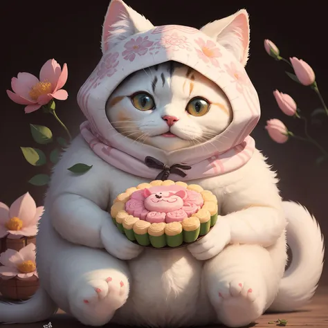 (masterpiece),(best quality),(ultra-detailed), digital painting, illustration, ((portrait)), pastel colours, bloom,
(no humans), (simple background:1.4), (clean background:1.4), (blurry background:1.3),
A (fat white cat) wearing a (A balaclava filled with flowers:1.5) and (holding a huge Chinese mooncake:1.3), (grin:1.2),
