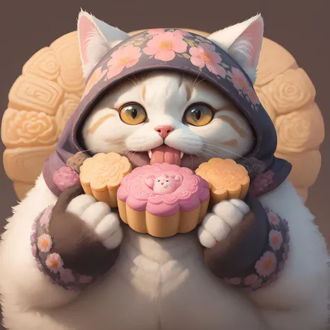 (masterpiece),(best quality),(ultra-detailed), digital painting, illustration, ((portrait)), pastel colours, bloom,
(no humans), (simple background:1.4), (clean background:1.4), (blurry background:1.3),
A (fat white cat) wearing a (A balaclava filled with flowers:1.5) and (holding a huge Chinese mooncake:1.3), (grin:1.2),