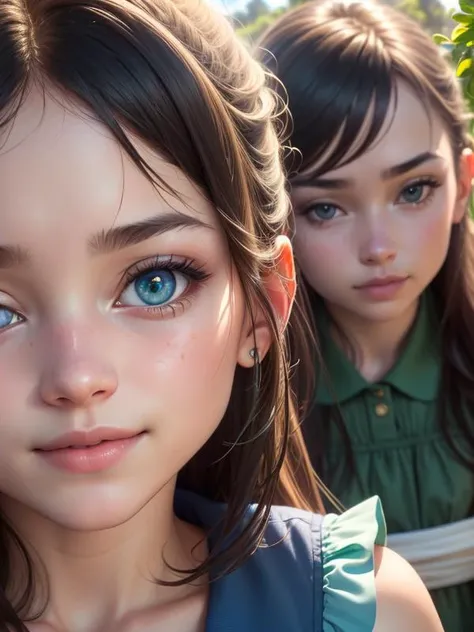 (highres, high lighting, 4k), 1girl, face, detailed face, blue eye, garden, close up face, sun in mid day, smile, :), looking at viewer, close - up intensity, green dress, eyes half closed,