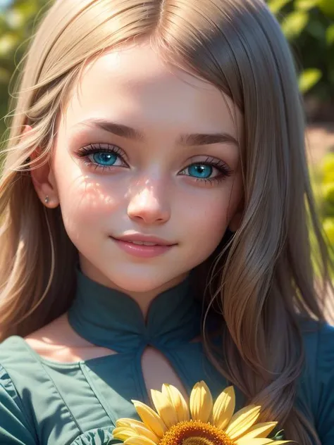 (highres, high lighting, 4k), 1girl, face, detailed face, blue eye, garden, close up face, sun in mid day, smile, :), looking at viewer, close - up intensity, green dress, eyes half closed,